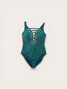 Bleu by Rod Beattie Lace-Up One-Piece Swimsuit in Teal